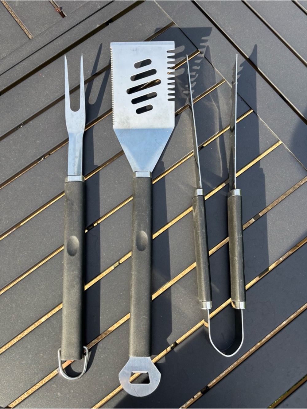 3-Piece Black Stainless Steel BBQ Tool Set - Fork, Tongs and 4-in1 Spatula